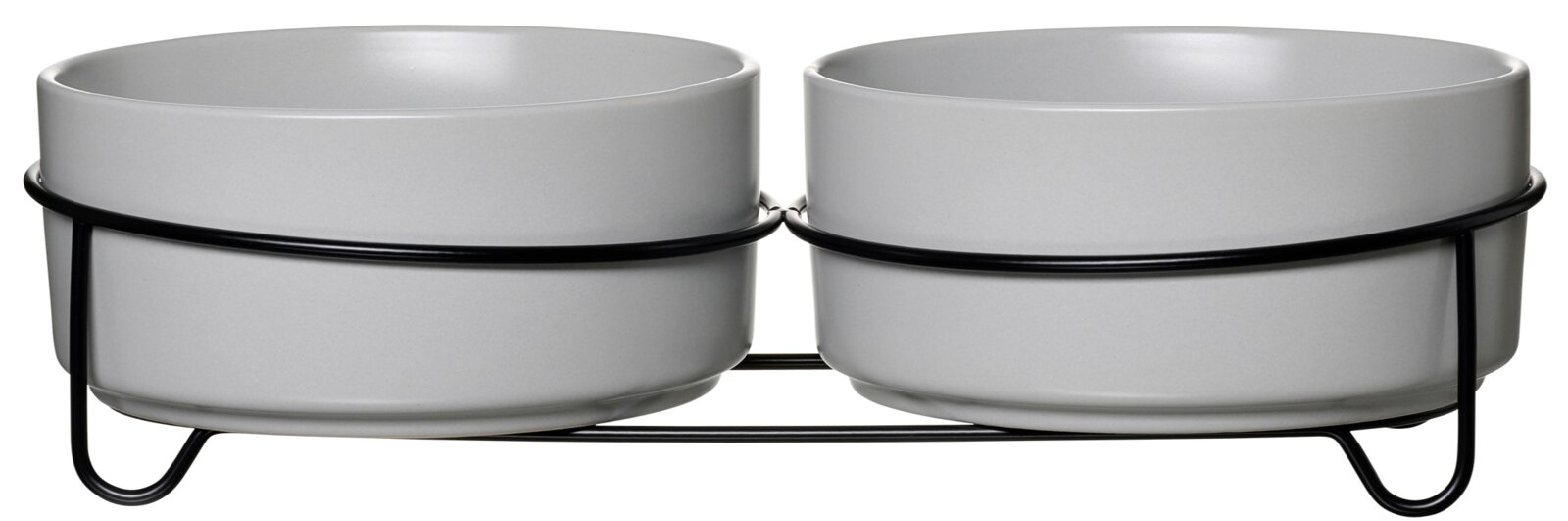 Set van twee voerbakken van grijs keramiek met een zwart metalen onderstel, zijaanzicht