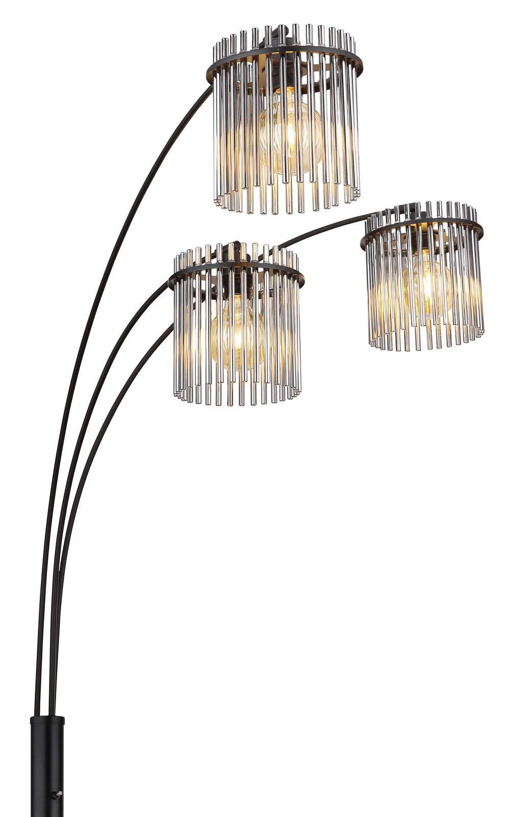 Moderne Stehleuchte GORLEY mit drei gebogenen Armen und zylindrischen Lampenschirmen aus Metallstäben, seitliche Perspektive