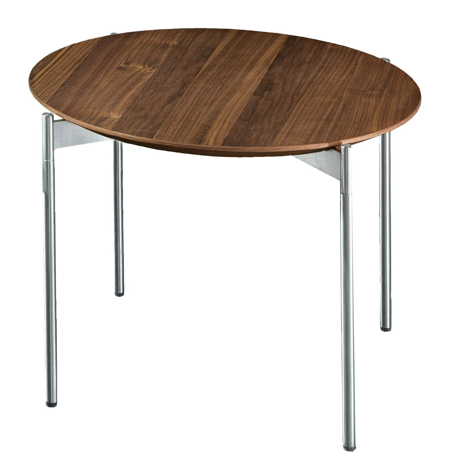 Runder Beistelltisch mit Holzplatte und Metallbeinen, seitliche Perspektive