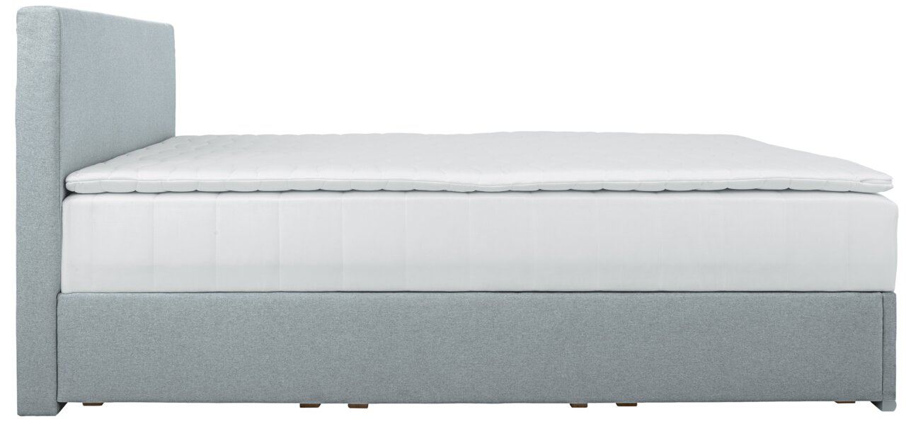 Zijaanzicht van een grijs boxspringbed met een wit matras en een gestoffeerd hoofdeinde.