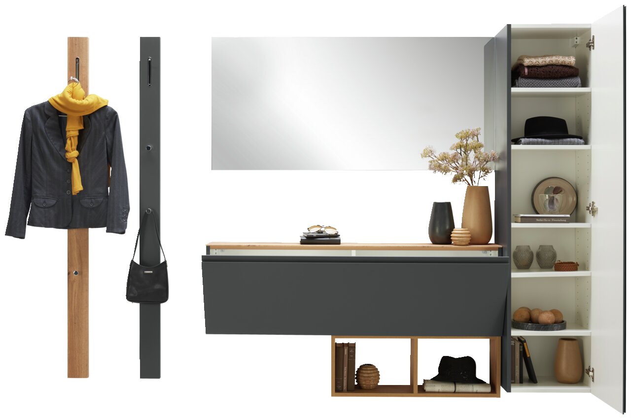 Garderoben-Set 6-tlg. in moderner Frontansicht mit Spiegel, Kleiderhaken, Schrank und Dekoration.