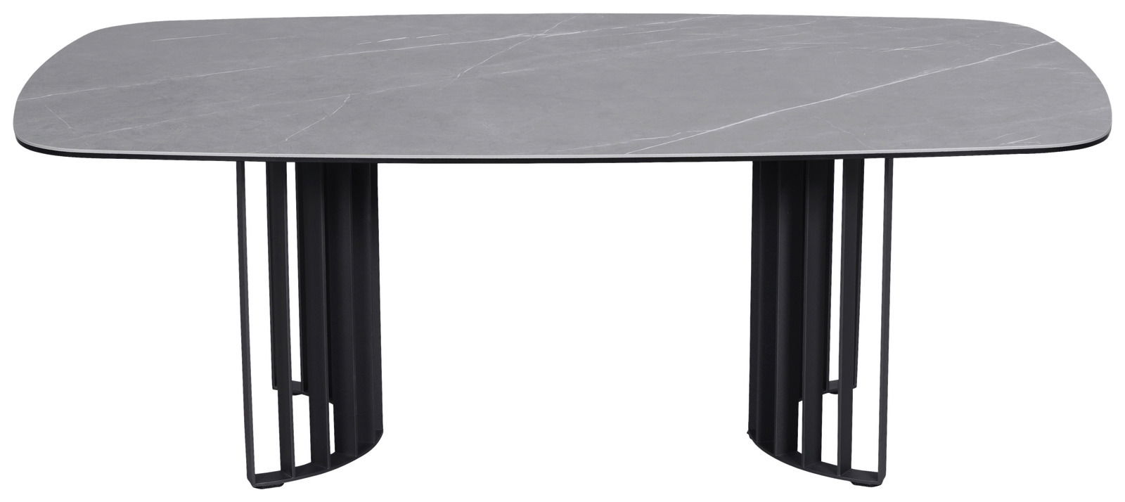 Moderner Couchtisch mit grauer Tischplatte und schwarzem Metallgestell, Frontalansicht