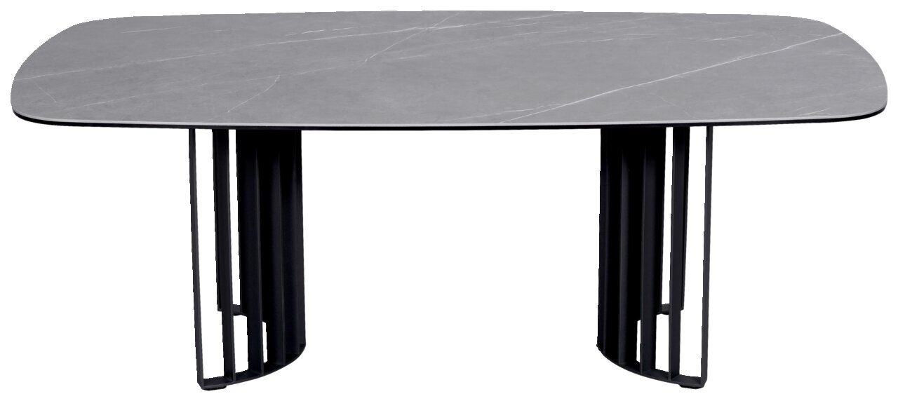 Moderne salontafel met grijs tafelblad en zwart metalen onderstel, vooraanzicht