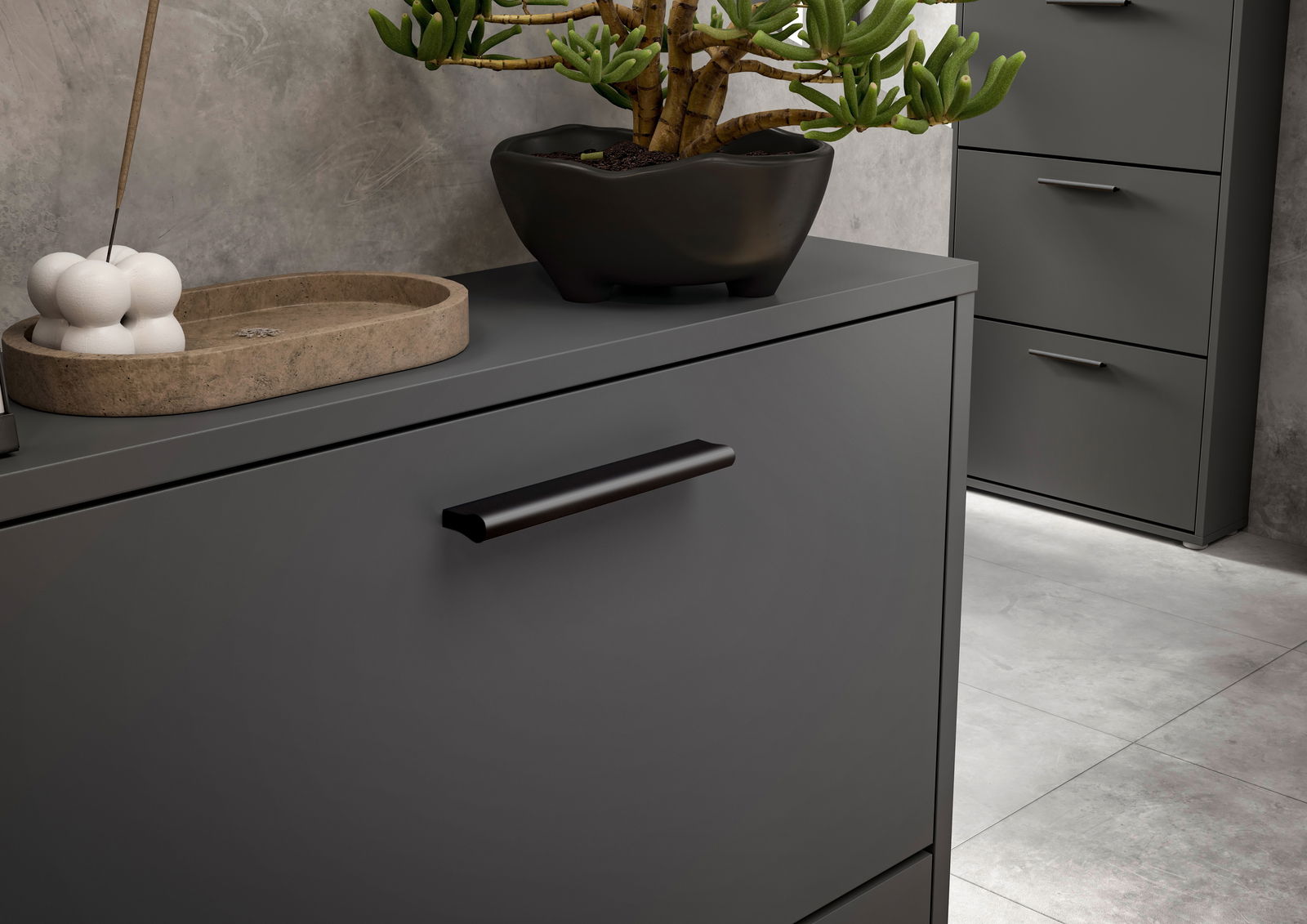 Moderner Schuhkipper in dunklem Grau mit schwarzem Griff, seitliche Perspektive, dekoriert mit Pflanze und Schale.