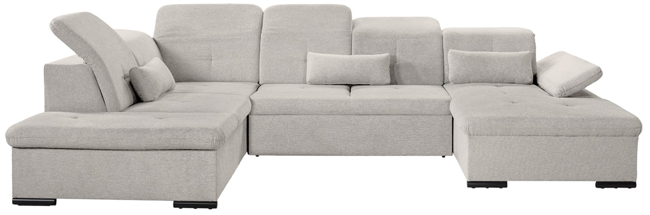 Graues Ecksofa in U-Form mit verstellbaren Kopfstützen und Kissen, Vorderansicht