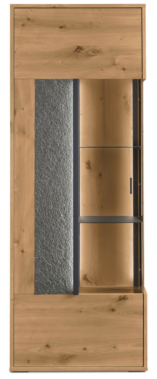 Frontansicht eines Highboards aus Holz mit Glaselementen und einer vertikalen Steinverkleidung.