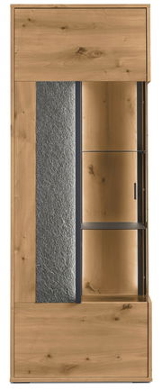 Frontansicht eines Highboards aus Holz mit Glaselementen und einer vertikalen Steinverkleidung.