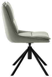 Moderner Stuhl mit gepolsterter Sitzfläche und Rückenlehne, seitliche Perspektive, schwarzes Metallgestell.