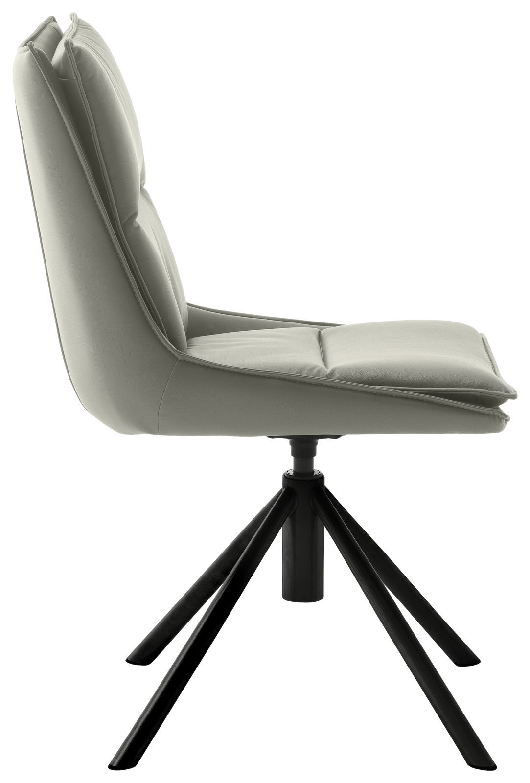 Moderner Stuhl mit gepolsterter Sitzfläche und Rückenlehne, seitliche Perspektive, schwarzes Metallgestell.