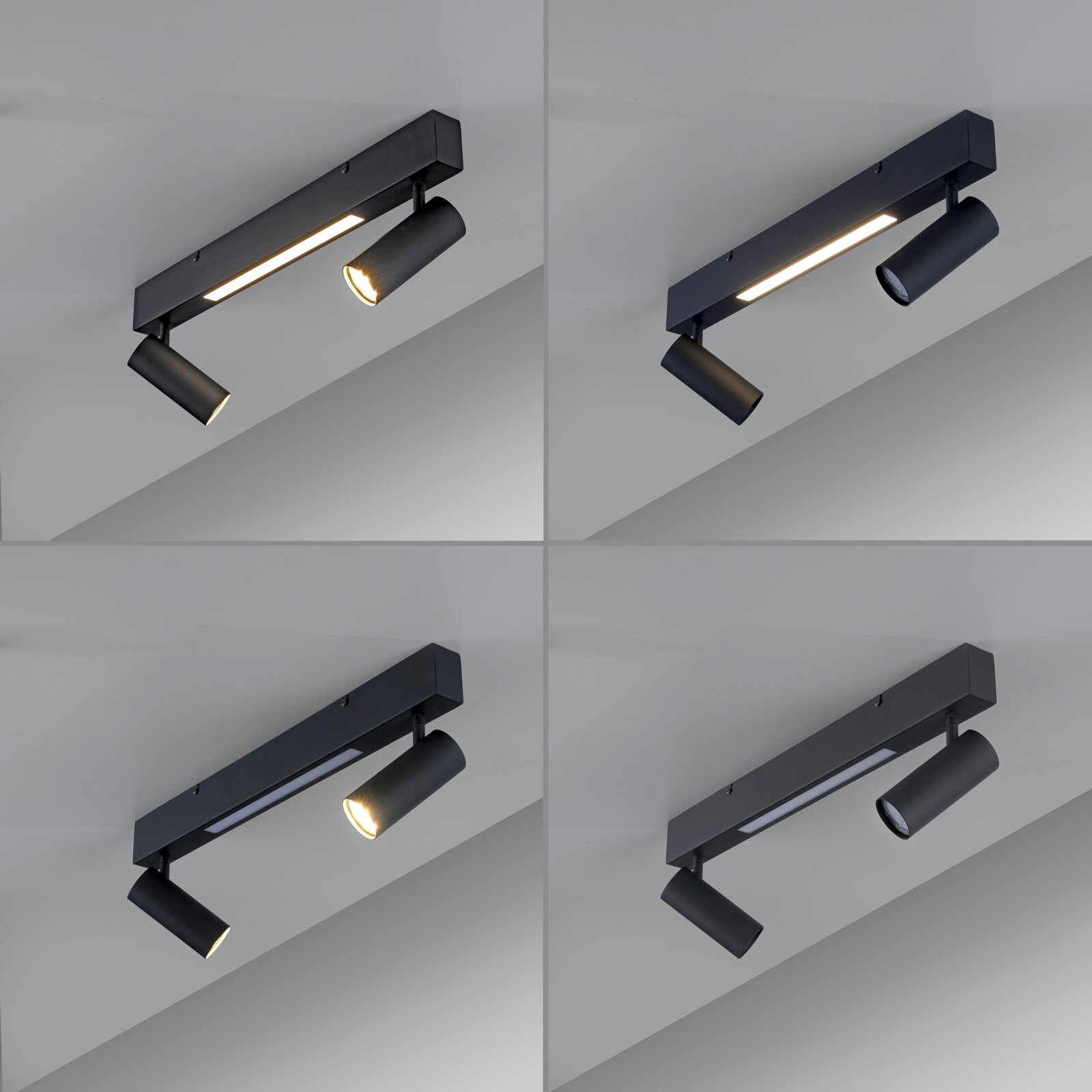 Schwarze, moderne Deckenleuchte mit rechteckiger Schiene, integriertem LED-Lichtband und zwei verstellbaren Spotstrahlern, fotografiert in schräger Untersicht (Blick von unten auf die Decke).