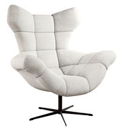 Moderner, hellgrauer Sessel mit hoher Rückenlehne und drehbarem Fuß, seitliche Perspektive