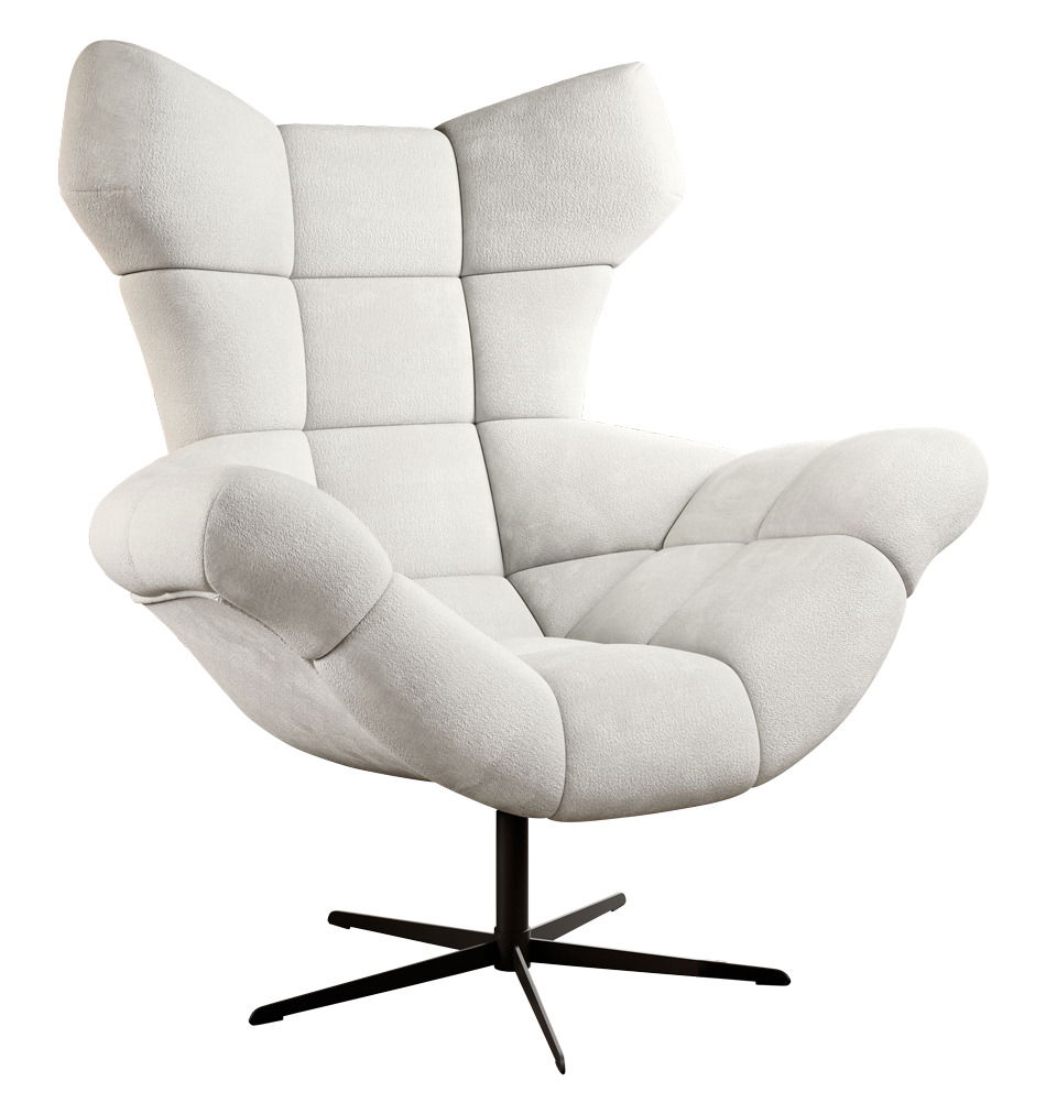 Moderner, hellgrauer Sessel mit hoher Rückenlehne und drehbarem Fuß, seitliche Perspektive