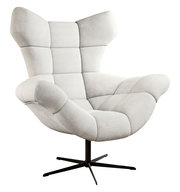 Moderner, hellgrauer Sessel mit hoher Rückenlehne und drehbarem Fuß, seitliche Perspektive