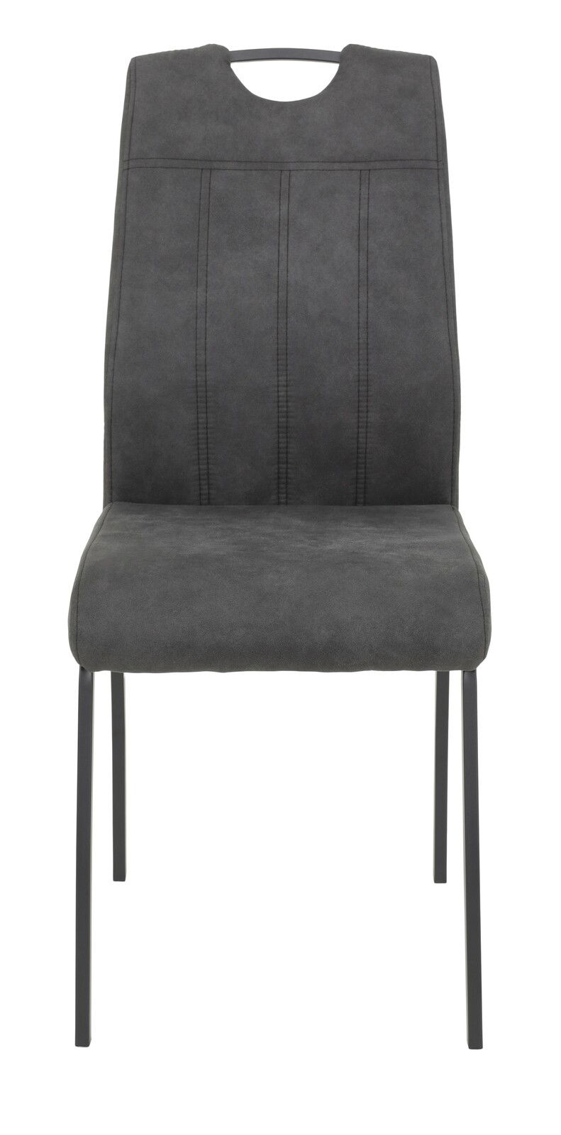 Moderner, dunkelgrauer Stuhl mit Metallbeinen, Frontalansicht.
