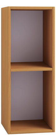 Schmales, offenes Holzregal mit zwei Fächern in heller Holzoptik, frontale Ansicht leicht von links, freigestellt vor weißem Hintergrund.