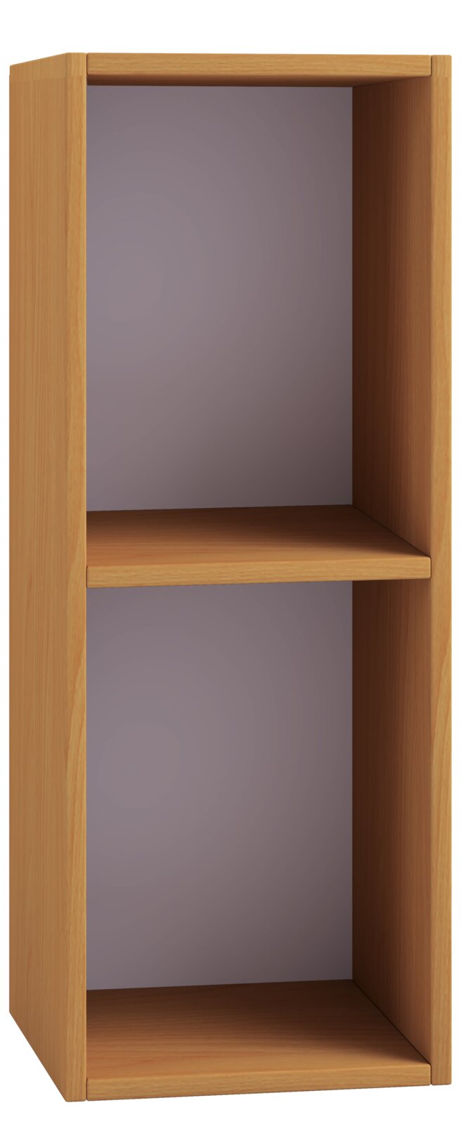 Schmales, offenes Holzregal mit zwei Fächern in heller Holzoptik, frontale Ansicht leicht von links, freigestellt vor weißem Hintergrund.