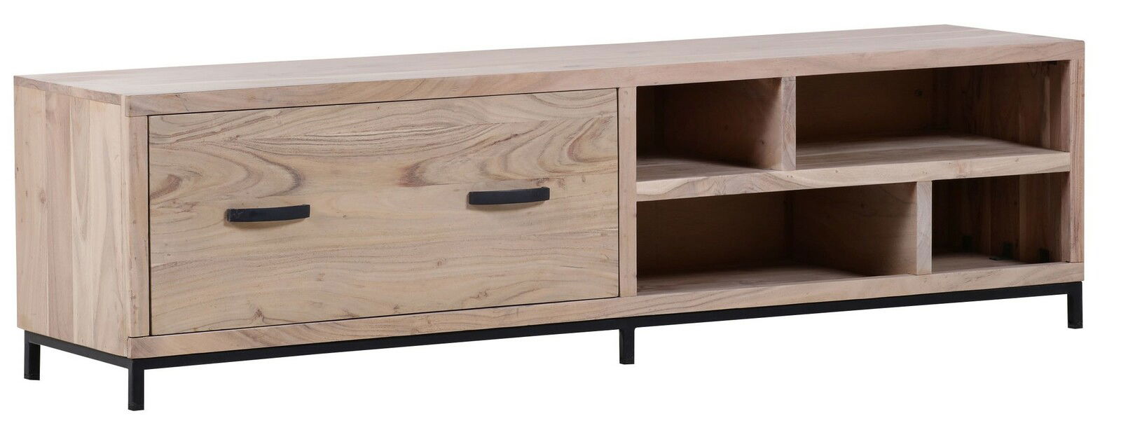 TV-Lowboard aus hellem Holz mit schwarzem Metallgestell, seitliche Perspektive