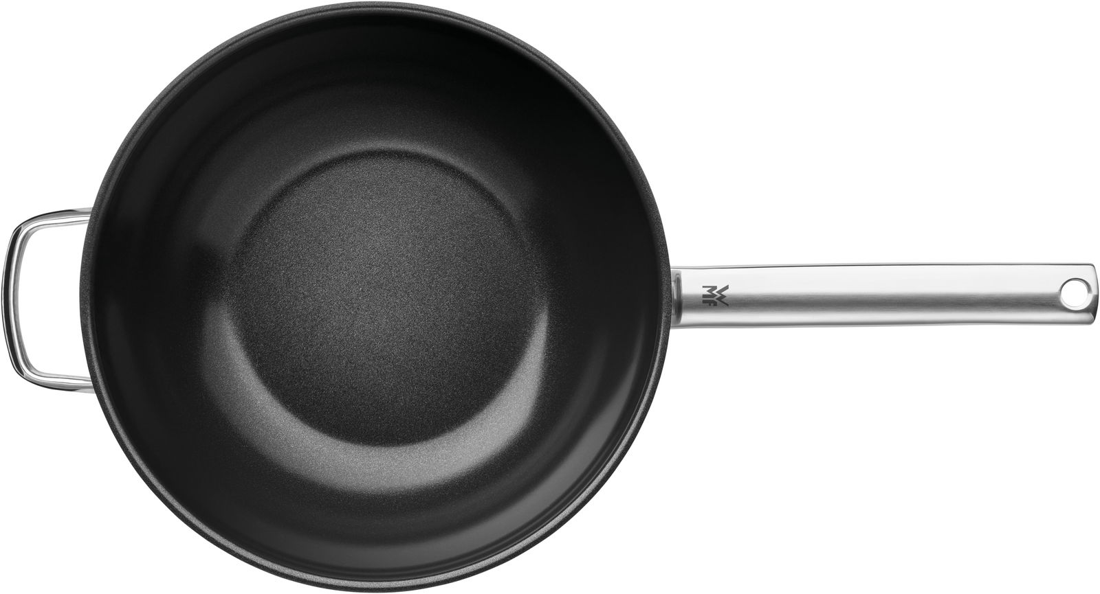 Draufsicht auf eine schwarze Wokpfanne mit silbernem Griff, Modell DURADO, 28 cm Durchmesser.