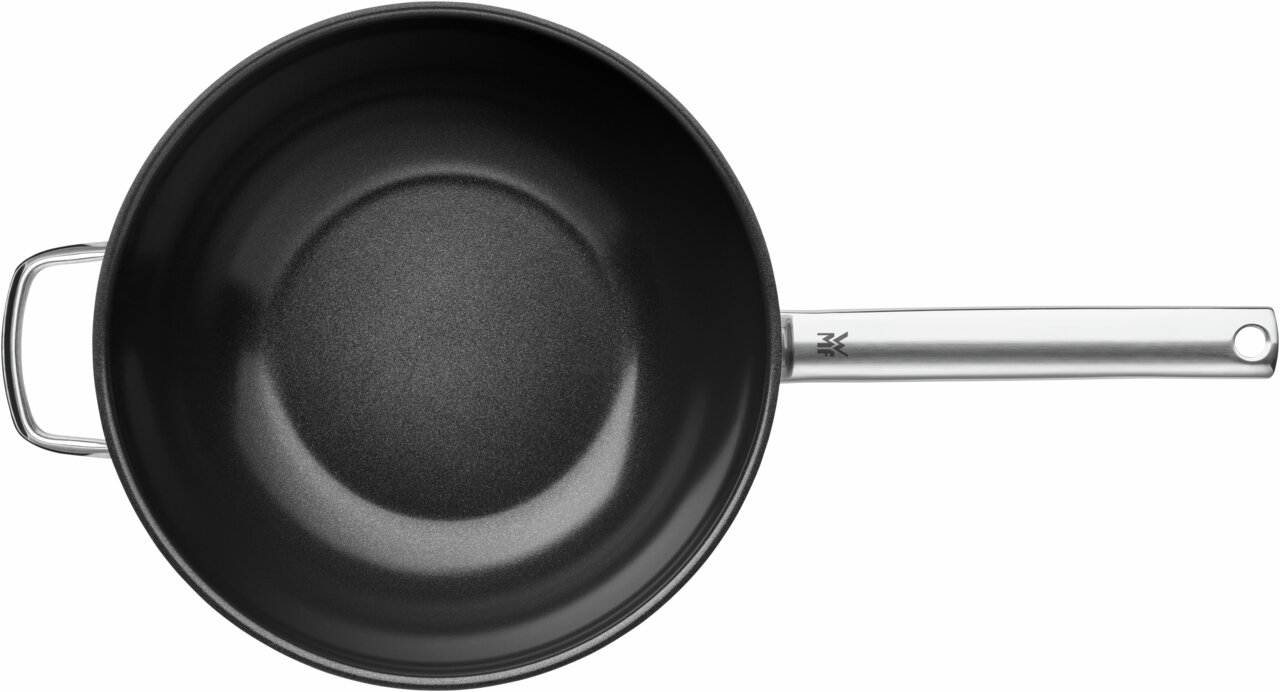 Draufsicht auf eine schwarze Wokpfanne mit silbernem Griff, Modell DURADO, 28 cm Durchmesser.