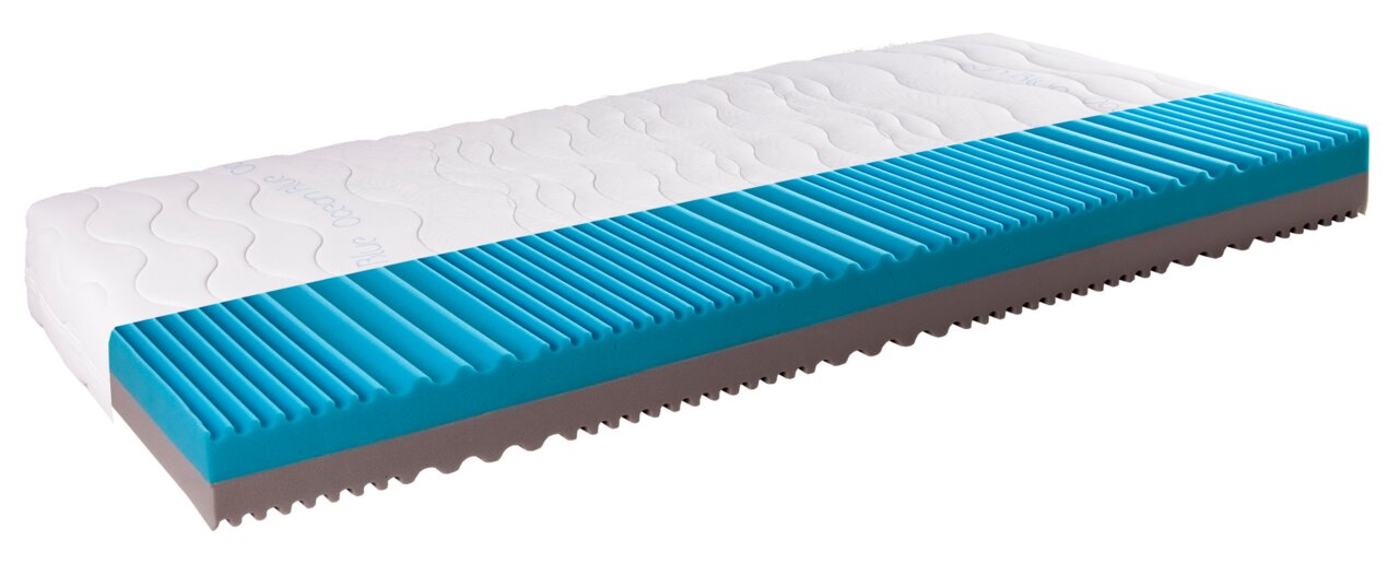 Koudschuimmatras OCEAN BLUE in zijaanzicht met blauwe en grijze laag, 80x200 cm