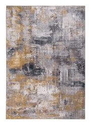 Modern tapijt met een abstract ontwerp in grijze en gouden tinten, bovenaanzicht