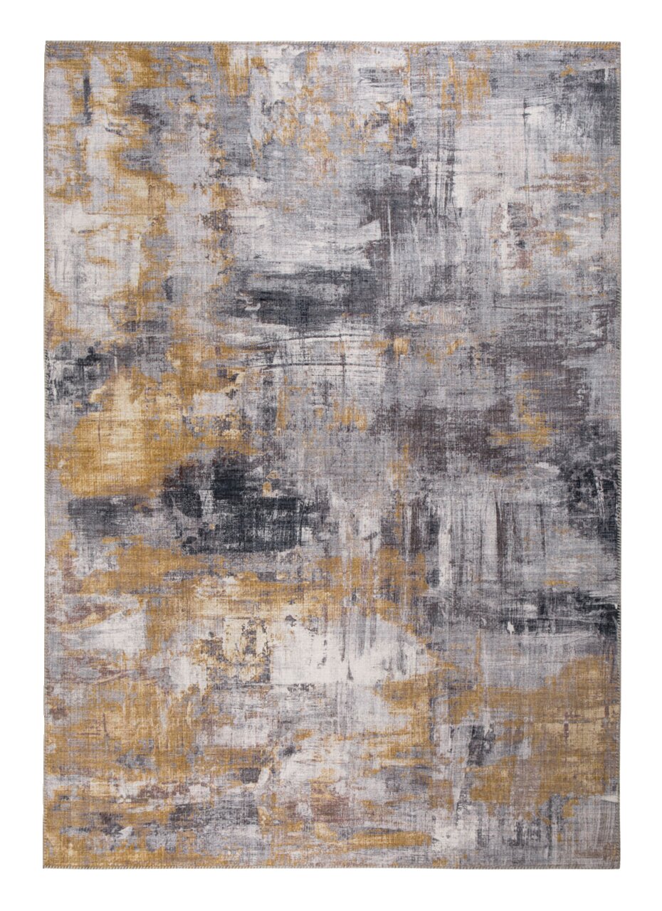 Modern tapijt met een abstract ontwerp in grijze en gouden tinten, bovenaanzicht