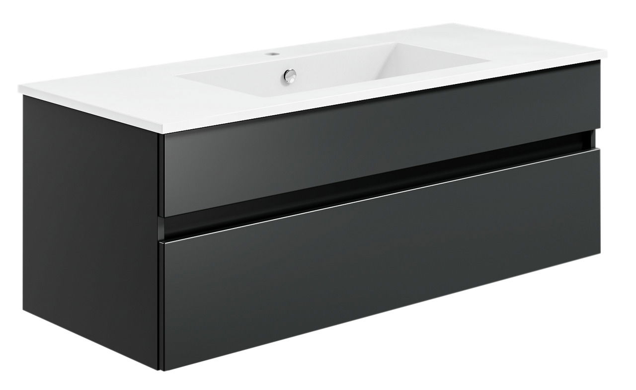 Puris Badkombination GET2YOU 21 Moderne Badkombination mit weißem Waschbecken und schwarzem Unterschrank, seitliche Perspektive