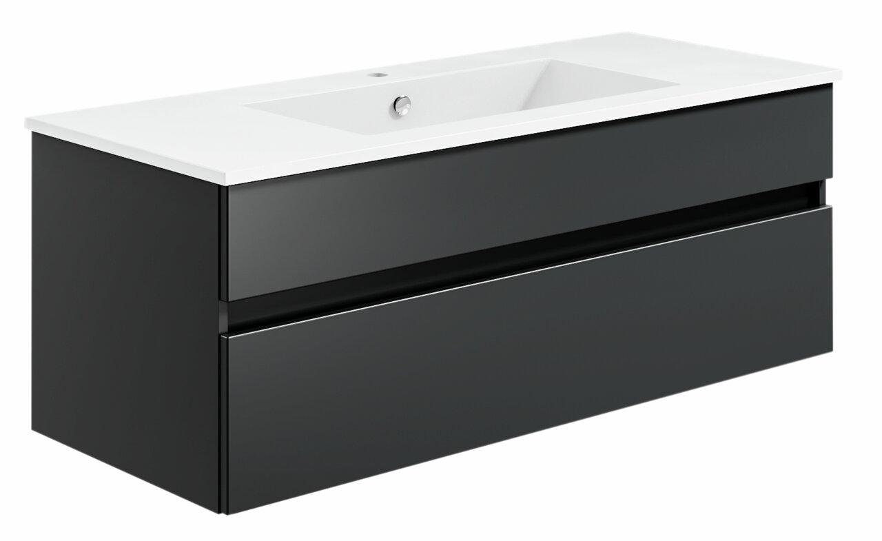 Puris Badkombination GET2YOU 21 Moderne Badkombination mit weißem Waschbecken und schwarzem Unterschrank, seitliche Perspektive