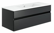 Moderne Badkombination mit weißem Waschbecken und schwarzem Unterschrank, seitliche Perspektive