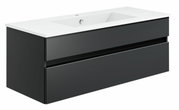 Moderne Badkombination mit weißem Waschbecken und schwarzem Unterschrank, seitliche Perspektive