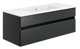 Moderne Badkombination mit weißem Waschbecken und schwarzem Unterschrank, seitliche Perspektive