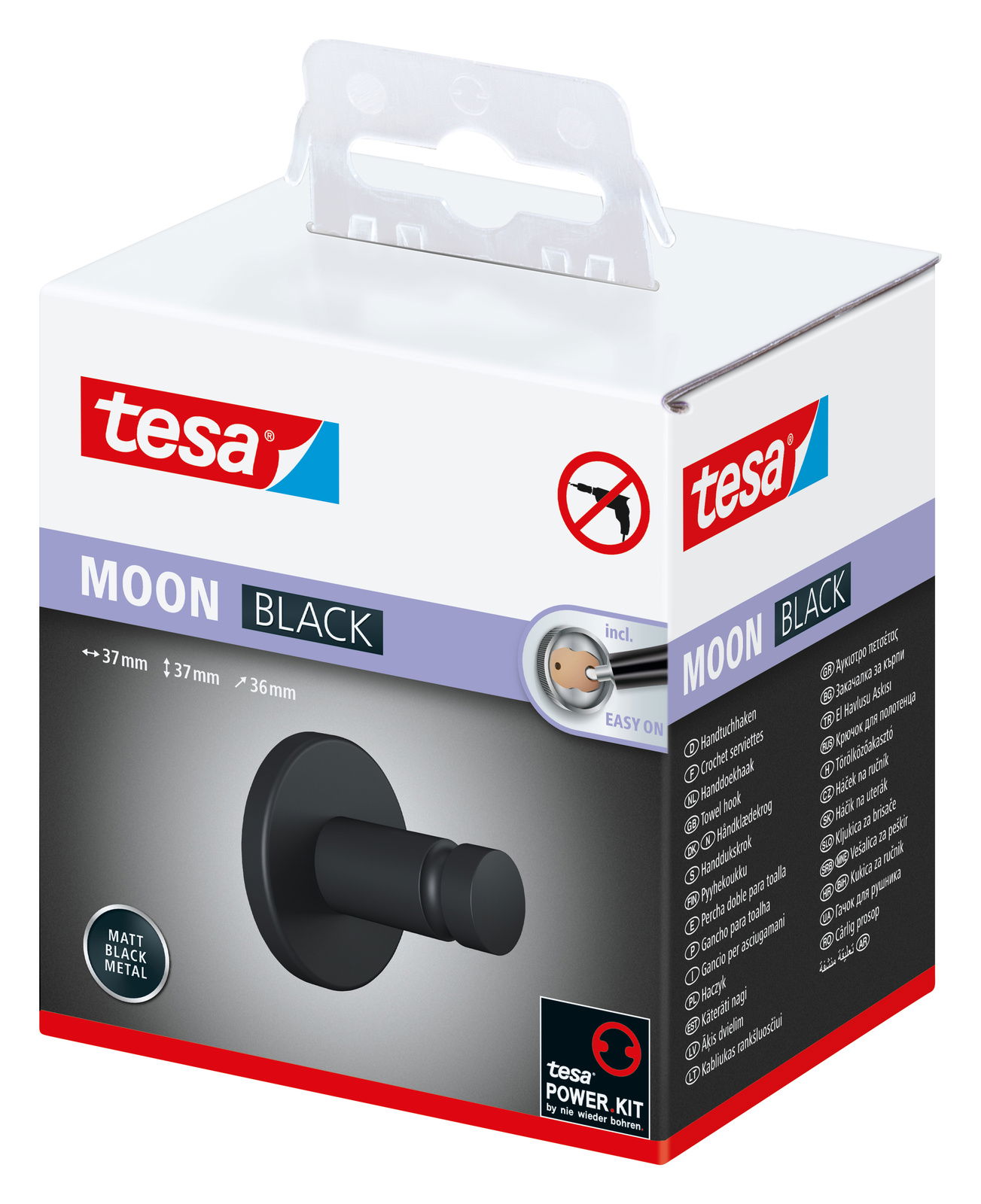 Schwarzer Handtuchhaken von tesa MOON BLACK, mattes Metall, Verpackung in schräger Perspektive