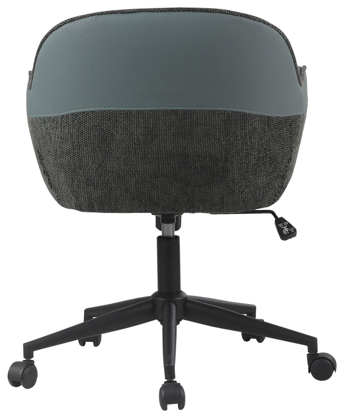 Rückansicht eines modernen Drehstuhls mit grauem Stoffbezug und schwarzem Fußgestell auf Rollen.