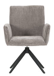 Grauer Armlehnstuhl mit gestreiftem Stoffbezug und schwarzem Metallgestell, Frontalansicht