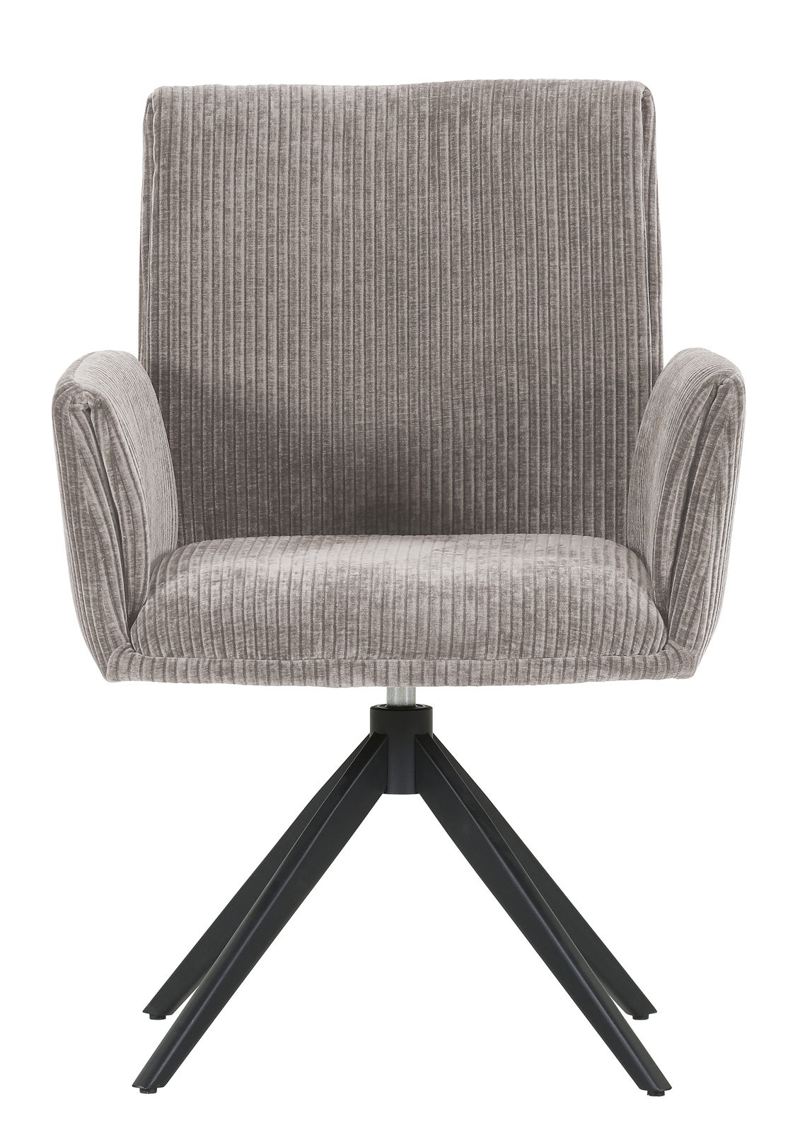 Grauer Armlehnstuhl mit gestreiftem Stoffbezug und schwarzem Metallgestell, Frontalansicht