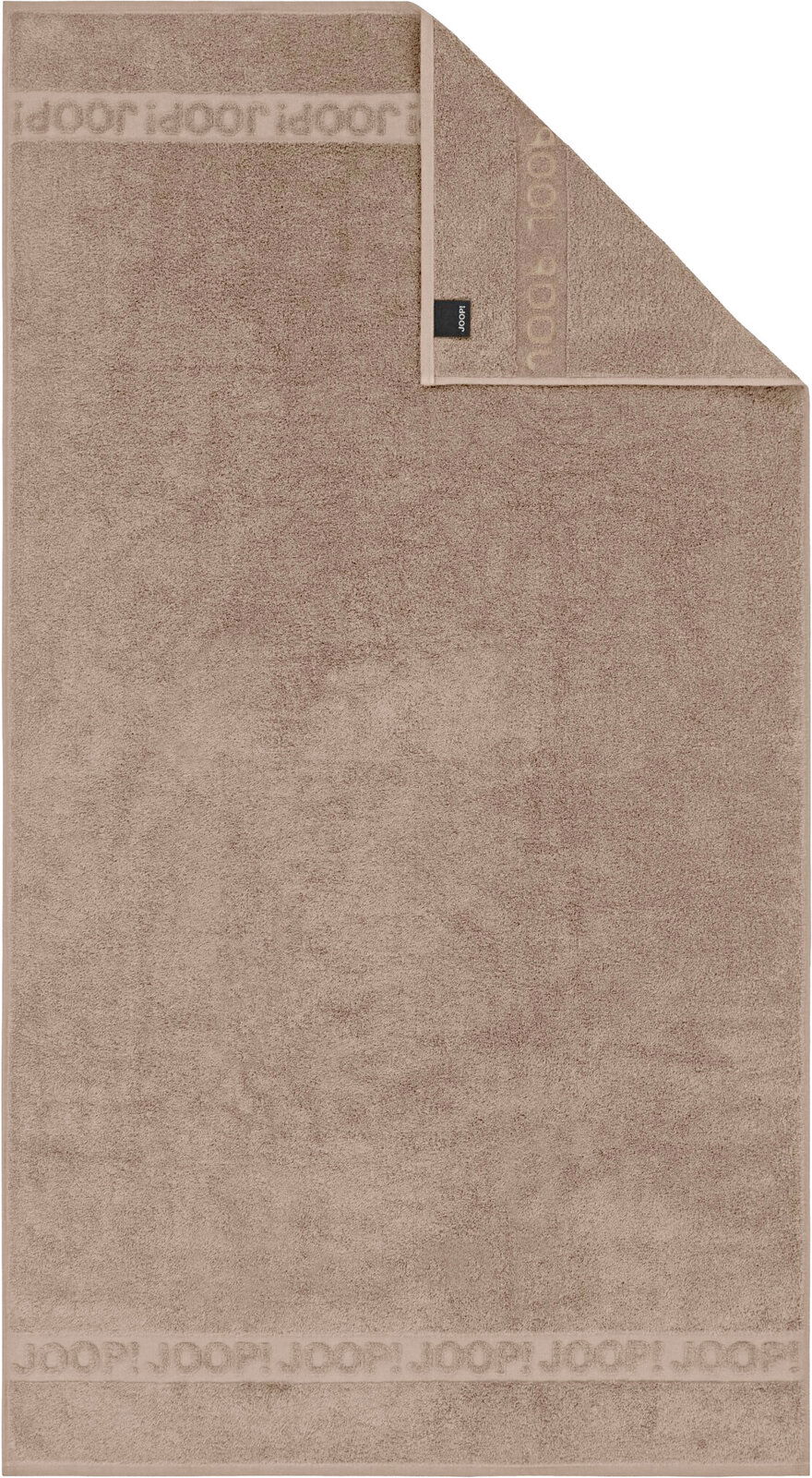 Beiges Joop! Frottier-Handtuch mit eingewebter Logo-Bordüre, flach von oben (Frontansicht) fotografiert, eine Ecke umgeschlagen und Etikett sichtbar.