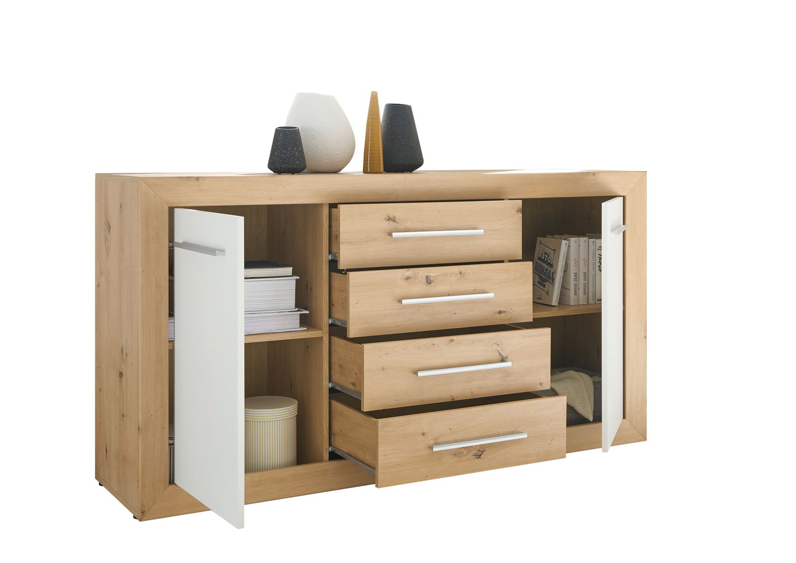 Kommode aus Holz mit vier Schubladen und zwei offenen Türen, dekoriert mit Vasen, seitliche Perspektive