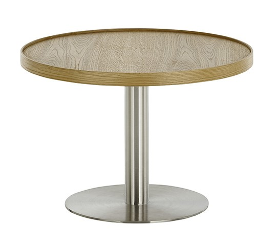 Runder Couchtisch mit Holzplatte und Metallfuß, frontal betrachtet