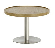 Ronde salontafel met houten blad en metalen onderstel, gezien vanaf de voorkant
