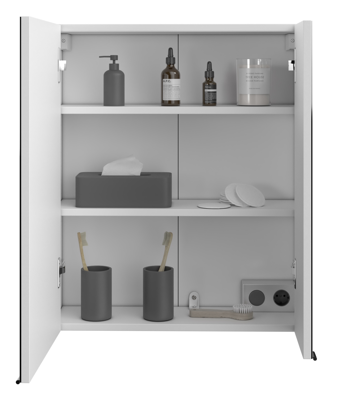 XORA Spiegelschrank ITALLO Geöffneter Spiegelschrank mit zwei Türen, gefüllt mit Pflegeprodukten und Zahnbürsten, frontal betrachtet.