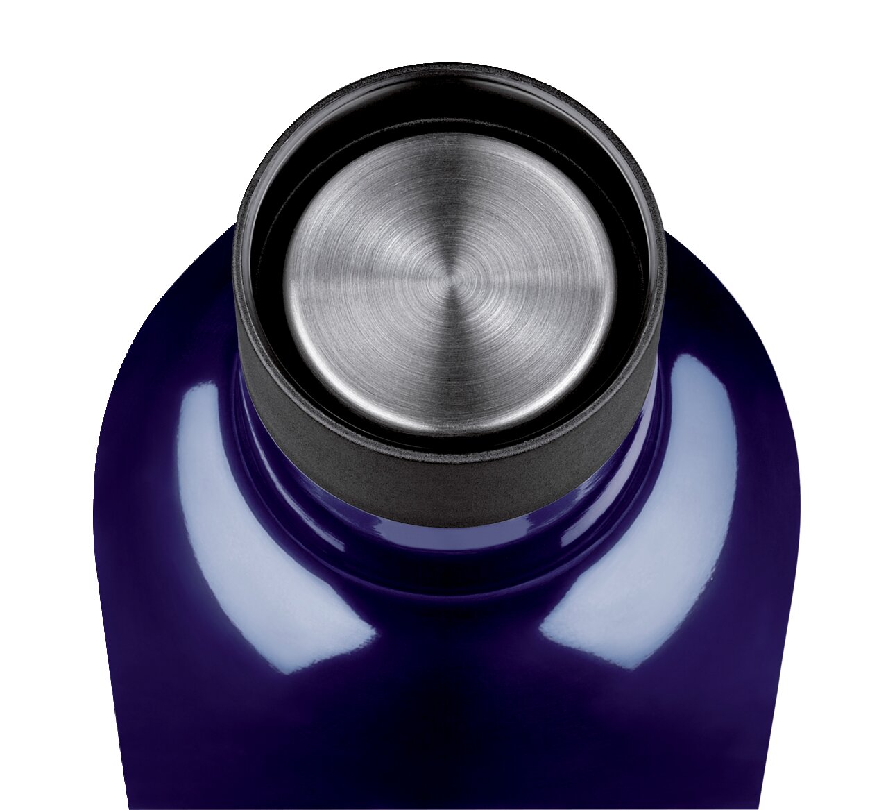 Ansicht von oben auf eine dunkelblaue Isoliertrinkflasche mit silbernem Deckel.