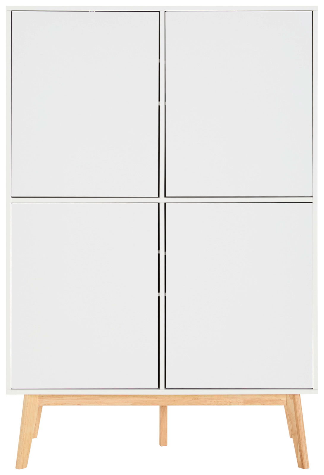 Weißes Highboard mit vier Türen und Holzbeinen, frontale Ansicht