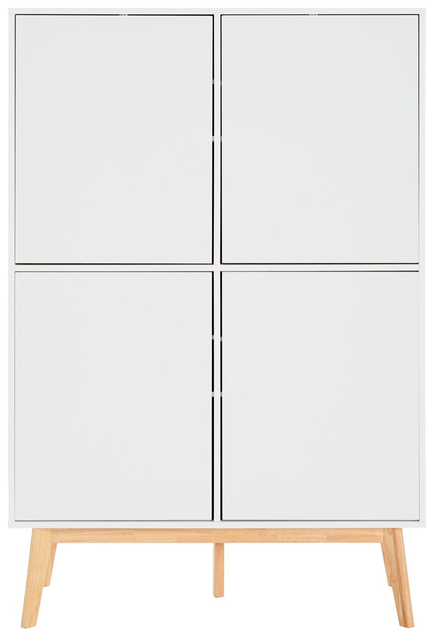 Weißes Highboard mit vier Türen und Holzbeinen, frontale Ansicht