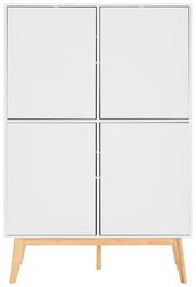 Weißes Highboard mit vier Türen und Holzbeinen, frontale Ansicht