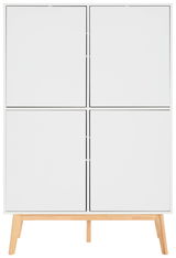 Weißes Highboard mit vier Türen und Holzbeinen, frontale Ansicht