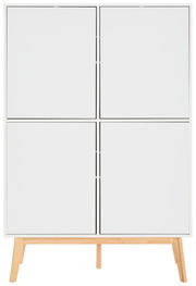 Weißes Highboard mit vier Türen und Holzbeinen, frontale Ansicht