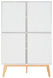 Weißes Highboard mit vier Türen und Holzbeinen, frontale Ansicht