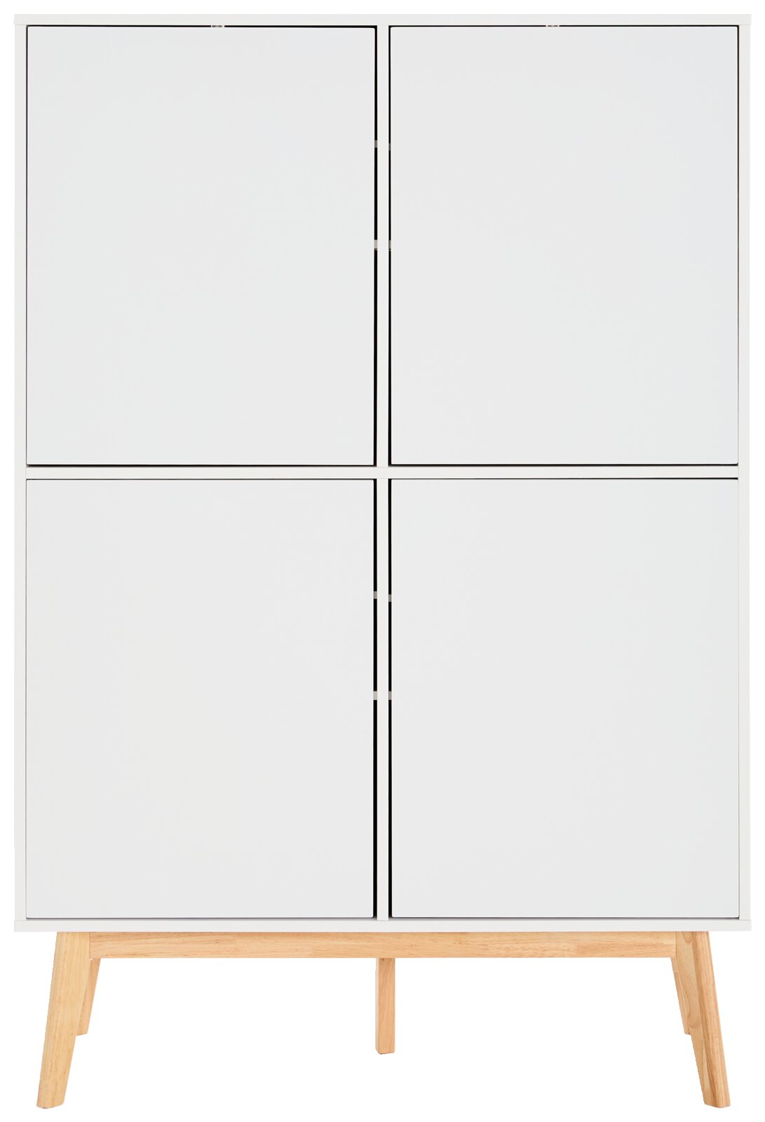 Weißes Highboard mit vier Türen und Holzbeinen, frontale Ansicht