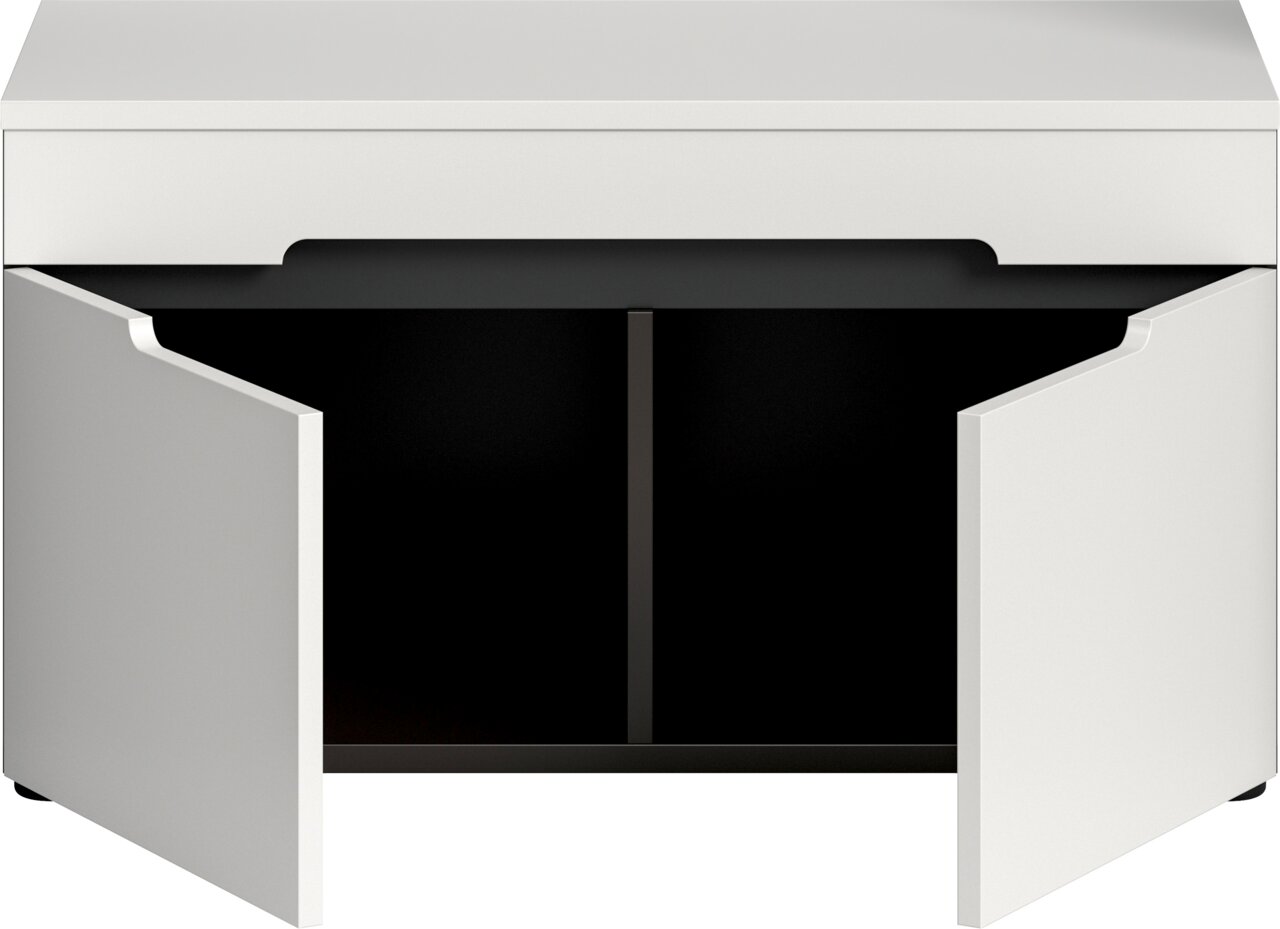 Weißer Badezimmerschrank/Waschtischunterschrank mit zwei geöffneten Türen und schwarzem Innenraum, Frontansicht