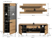 Wohnwand-Set in Holzoptik mit grauen Akzenten: hoher Vitrinenschrank, Lowboard und Wandpaneel mit zwei Ablagen, mit Maßangaben und Belastungsangaben, Frontansicht.